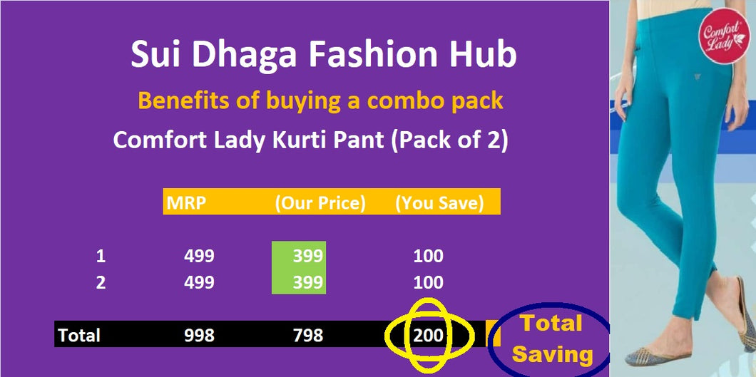 Comfort Lady Kurti Pants (Free Size Pack of 2) - Rs 425/pc (Save 200 Rs overall)